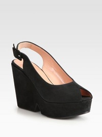 Comfortable wedge silhouette rendered in lush suede with a classic peep toe and adjustable slingback strap. Self-covered wedge, 4¼ (110mm)Covered platform, 1½ (40mm)Compares to a 2¾ heel (70mm)Suede upperPeep toeAdjustable slingback strapLeather lining and solePadded insoleMade in France Comfortable wedge silhouette rendered in lush suede with a classic peep toe and adjustable slingback strap. Self-covered wedge, 4¼ (110mm)Covered platform, 1½ (40mm)Compares to a 2¾ heel (70mm)Suede upperPeep toeAdjustable slingback strapLeather lining and solePadded insoleMade in France