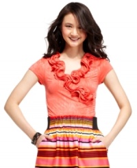 A gorgeous, ruffled neckline and crinkled texture breathe life into this top from BCX -- the perfect style for daytime or playtime! A gorgeous, ruffled neckline and crinkled texture breathe life into this top from BCX -- the perfect style for daytime or playtime!