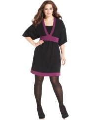 Colorblocked trim lends a slimming silhouette to Style&co.'s butterfly sleeve plus size dress-- it's a must-get for the season! Colorblocked trim lends a slimming silhouette to Style&co.'s butterfly sleeve plus size dress-- it's a must-get for the season!