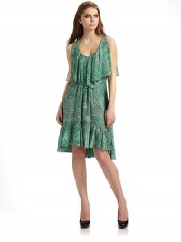 Abstract swirls printed on airy silk chiffon, graced with flirty oversized ruffles at the bodice and hem.Scoopneck SleevelessDouble ruffle panels along the neckline, front and back Banded waist Ruffled hem Side zip closure About 35¾ from shoulder to hemSilk lining Silk; dry clean Made in USA of imported fabric Abstract swirls printed on airy silk chiffon, graced with flirty oversized ruffles at the bodice and hem.Scoopneck SleevelessDouble ruffle panels along the neckline, front and back Banded waist Ruffled hem Side zip closure About 35¾ from shoulder to hemSilk lining Silk; dry clean Made in USA of imported fabric