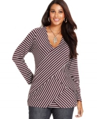 Wrap up a hot look with Cha Cha Vente's striped plus size top, featuring a bandage design. Wrap up a hot look with Cha Cha Vente's striped plus size top, featuring a bandage design.