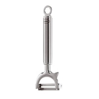 Rosle crosswise peeler removes skin from fruit and vegetables with two slots to suit right and lefthanders. Made of 18/10 stainless steel with satin finish handle. Sturdy, balanced, comfortable in the hand. Rosle crosswise peeler removes skin from fruit and vegetables with two slots to suit right and lefthanders. Made of 18/10 stainless steel with satin finish handle. Sturdy, balanced, comfortable in the hand.