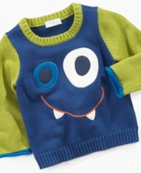 Even if he doesn't have his own teeth yet, his cute look in this sweet sweater from First Impressions will swallow you up. Even if he doesn't have his own teeth yet, his cute look in this sweet sweater from First Impressions will swallow you up.