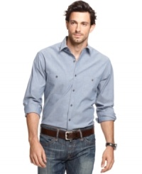Every man needs at least one chambray shirt in his rotation and this herringbone chambray from Club Room provides that crisp, clean look. Every man needs at least one chambray shirt in his rotation and this herringbone chambray from Club Room provides that crisp, clean look.