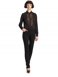 THE LOOKButton closure at collarButton-down placketSheer silk tuxedo-style pintucked frontLong sleeves with button cuffsCurved hemTHE FITAbout 26 from shoulder to hemTHE MATERIAL68% cotton/27% nylon/5% spandexSilk contrastCARE & ORIGINDry cleanImported THE LOOKButton closure at collarButton-down placketSheer silk tuxedo-style pintucked frontLong sleeves with button cuffsCurved hemTHE FITAbout 26 from shoulder to hemTHE MATERIAL68% cotton/27% nylon/5% spandexSilk contrastCARE & ORIGINDry cleanImported