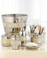 Store your bathroom essentials in this elegantly embellished jar. Adorned with chips of mother of pearl and brass based metal with a shiny nickel finish. Store your bathroom essentials in this elegantly embellished jar. Adorned with chips of mother of pearl and brass based metal with a shiny nickel finish.