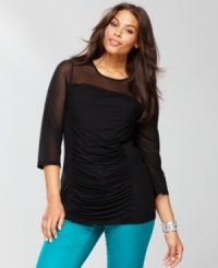 A sheer panel and feminine ruching make INC's plus size top a total winner. Wear this to spice up your favorite jeans or go super-dramatic and pair it with sequins, metallic or faux leather bottoms. A sheer panel and feminine ruching make INC's plus size top a total winner. Wear this to spice up your favorite jeans or go super-dramatic and pair it with sequins, metallic or faux leather bottoms.