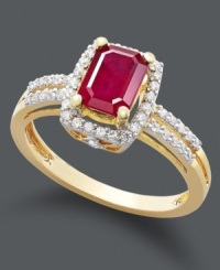 Regally resplendent. This polished style features an emerald-cut ruby (1 c.t. t.w) encircled by rows of round-cut diamonds (1/5 c.t. t.w). Crafted in 14k gold.