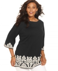 A border print illuminates Charter Club's three-quarter-sleeve plus size tunic top for a chic casual look. A border print illuminates Charter Club's three-quarter-sleeve plus size tunic top for a chic casual look.