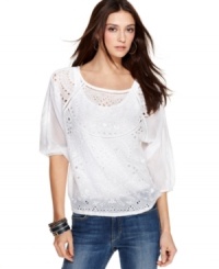 Eyelet embroidery makes casual days luxe -- get the look with this Lucky Brand Jeans top, made from 100% cotton. Try it with a tank top and worn-in jeans! Eyelet embroidery makes casual days luxe -- get the look with this Lucky Brand Jeans top, made from 100% cotton. Try it with a tank top and worn-in jeans!