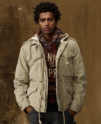 Field jackets aren't just for wearing in the wilderness. This hooded version features tough military accents and a cotton ripstop construction that translates just as well to a city setting. Field jackets aren't just for wearing in the wilderness. This hooded version features tough military accents and a cotton ripstop construction that translates just as well to a city setting.