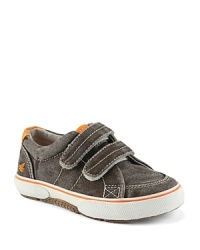 A sportier Top-Sider from Sperry, featuring a molded, non-marking outsole, orange accents and a salt-wash canvas upper.