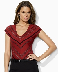 Sleek cap sleeves and textured chevron stripes elevate a classic cotton tee to style-maker status. Sleek cap sleeves and textured chevron stripes elevate a classic cotton tee to style-maker status.