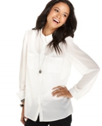 Contrast-color fringes at the back add an unexpected dose of rocker-cool to this sheer button-down top from Ali & Kris! Contrast-color fringes at the back add an unexpected dose of rocker-cool to this sheer button-down top from Ali & Kris!