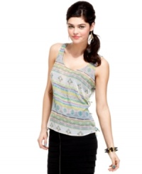 Get all tied up in this printed top from Material Girl! Sporting a bounty of bows, this chiffon number scores points for its super cute details! Get all tied up in this printed top from Material Girl! Sporting a bounty of bows, this chiffon number scores points for its super cute details!