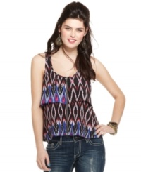 Awesome tribal print plus a tiered construction equal a top that steps up your warm-weather-wear game! From Material Girl. Awesome tribal print plus a tiered construction equal a top that steps up your warm-weather-wear game! From Material Girl.