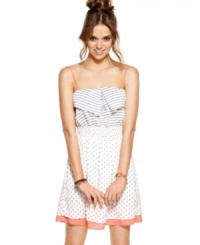 Jolt plays the ultimate print mixologist, pairing a striped bodice with a polkadot-print skirt on this super-cute day dress! Jolt plays the ultimate print mixologist, pairing a striped bodice with a polkadot-print skirt on this super-cute day dress!