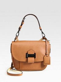 Glazed glovetan leather in structured flap-front satchel with vachetta facing.Removable adjustable top handle, 7¼-8½ drop Removable adjustable shoulder strap, 23-24½ drop Flap snap closureOne inside zip pocketTwo inside open pocketsCotton lining10¼W X 7½H X 3DImported Glazed glovetan leather in structured flap-front satchel with vachetta facing.Removable adjustable top handle, 7¼-8½ drop Removable adjustable shoulder strap, 23-24½ drop Flap snap closureOne inside zip pocketTwo inside open pocketsCotton lining10¼W X 7½H X 3DImported