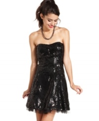 Knock 'em dead in this strapless number from Speechless that boasts a slick glaze of sequins and a super hot lace-up back! Knock 'em dead in this strapless number from Speechless that boasts a slick glaze of sequins and a super hot lace-up back!
