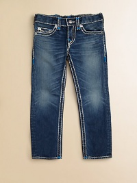 Thick, contrast stitching with neon bartacks, silvertone hardware and signature horseshoe pockets define this slim-fitting, slightly faded pair.Front button closureAdjustable waistband with belt loopsZip flyFive-pocket styleCottonMachine washImported of domestic fabric Thick, contrast stitching with neon bartacks, silvertone hardware and signature horseshoe pockets define this slim-fitting, slightly faded pair.Front button closureAdjustable waistband with belt loopsZip flyFive-pocket styleCottonMachine washImported of domestic fabric