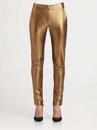 Stretch-leather leggings with a glossy metallic finish and convenient slash pockets. THE FITMedium rise, about 9Inseam, about 30THE DETAILSTab closureZip flyFront slash pocketsFully linedLeatherDry clean with leather specialistImported of Italian fabricModel shown is 5'9 (175cm) wearing US size 4. Stretch-leather leggings with a glossy metallic finish and convenient slash pockets. THE FITMedium rise, about 9Inseam, about 30THE DETAILSTab closureZip flyFront slash pocketsFully linedLeatherDry clean with leather specialistImported of Italian fabricModel shown is 5'9 (175cm) wearing US size 4.