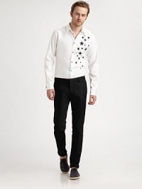 Crisp cotton in a slim fit with star print on one side.Button frontLong sleeves with button cuffsShirttail hemBack darts for fitCottonDry cleanMade in Italy Crisp cotton in a slim fit with star print on one side.Button frontLong sleeves with button cuffsShirttail hemBack darts for fitCottonDry cleanMade in Italy