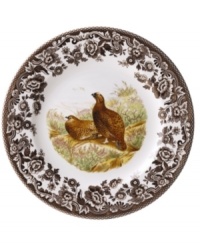 Bring the classic style of the English countryside to your table with the Woodland collection by Spode. The traditionally patterned dinner plates feature the majestic red grouse framed by Spode's distinctive British Flowers border which dates back to 1828.