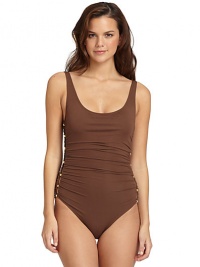 THE LOOKU-neckCutout sides with golden bead accentsPadded cupsScoopbackTHE MATERIAL87% nylon/13% spandexCARE & ORIGINHand washImported THE LOOKU-neckCutout sides with golden bead accentsPadded cupsScoopbackTHE MATERIAL87% nylon/13% spandexCARE & ORIGINHand washImported