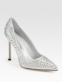 Frosted satin pump with light-catching Swarovski crystals and an elegant point toe. Self-covered heel, 4 (100mm)Swarovski crystal-coated satin upperPoint toeLeather lining and solePadded insoleMade in Italy