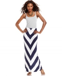 Graphic chevron stripes add a modern appeal to this Kensie maxi skirt -- perfect for a stylish day-to-night look! Graphic chevron stripes add a modern appeal to this Kensie maxi skirt -- perfect for a stylish day-to-night look!