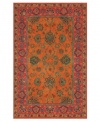 Drawing inspiration from the sandy ruins of ancient Petra and the traditional designs of India, this elegant, hand-tufted rug presents a rich decorative history set against a subtle red backdrop and accented with multiple gold and orange tones.