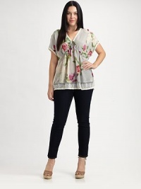 Style is in full bloom, thanks to this silk, floral-print design. Its feminine neckline and Empire waist are destined to flatter your curves as it provides arm coverage.Self-tie detail at v-necklineShort sleevesEmpire waistLace trimAbout 29 from shoulder to hemSilkMachine washImported Style is in full bloom, thanks to this silk, floral-print design. Its feminine neckline and Empire waist are destined to flatter your curves as it provides arm coverage.Self-tie detail at v-necklineShort sleevesEmpire waistLace trimAbout 29 from shoulder to hemSilkMachine washImported