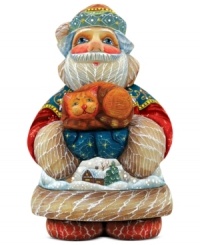 Santa Claus and a friendly feline are the purfect pair in this traditional holiday ornament with fine details and a festive wintry scene hand painted on Santa's coat. Santa Claus and a friendly feline are the purfect pair in this traditional holiday ornament with fine details and a festive wintry scene hand painted on Santa's coat.