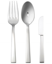 Simply elegant, this quality 18/10 flatware collection flows seamlessly from weeknight meals to stylish gatherings. Includes a pierced serving spoon, butter knife and serving fork. Simply elegant, this quality 18/10 flatware collection flows seamlessly from weeknight meals to stylish gatherings. Includes a pierced serving spoon, butter knife and serving fork.