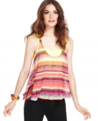 A sheer and swingy tank overlays a neon-bright crop top, creating the perfect recipe for cute, laid-back style! From American Rag. A sheer and swingy tank overlays a neon-bright crop top, creating the perfect recipe for cute, laid-back style! From American Rag.