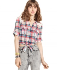 Sporting a crochet inset and country-plaid print, this crop top from American Rag adds homegrown cuteness to your warm-weather wear! Sporting a crochet inset and country-plaid print, this crop top from American Rag adds homegrown cuteness to your warm-weather wear!