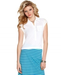 A back cutout adds an element of surprise to Jessica Simpson's fun update of the classic polo shirt! A back cutout adds an element of surprise to Jessica Simpson's fun update of the classic polo shirt!
