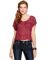 Satisfy two sides of your fashionista style with this chiffon top from Material Girl that's bold and printed at the front -- and dark and lovely at the back! Satisfy two sides of your fashionista style with this chiffon top from Material Girl that's bold and printed at the front -- and dark and lovely at the back!