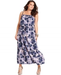 Bloom beauty in DKNY Jeans' sleeveless plus size maxi dress, featuring a charming floral-print! Bloom beauty in DKNY Jeans' sleeveless plus size maxi dress, featuring a charming floral-print!