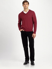 Subtle contrasting trim at the collar offers an unexpected finish to a wardrobe staple, luxuriously knitted in fine wool.V-neckRibbed knit cuffs and hemWoolHand washImported Subtle contrasting trim at the collar offers an unexpected finish to a wardrobe staple, luxuriously knitted in fine wool.V-neckRibbed knit cuffs and hemWoolHand washImported