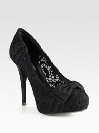 Semi-sheer mesh combines with floral lace to form this platform pump, finished with an oversized bow. Grosgrain ribbon-covered heel, 5 (125mm)Hidden platform, 1¼ (30mm)Compares to a 3¾ heel (95mm)Lace and mesh upper with grosgrain ribbon bowLeather lining and solePadded insoleMade in Italy Semi-sheer mesh combines with floral lace to form this platform pump, finished with an oversized bow. Grosgrain ribbon-covered heel, 5 (125mm)Hidden platform, 1¼ (30mm)Compares to a 3¾ heel (95mm)Lace and mesh upper with grosgrain ribbon bowLeather lining and solePadded insoleMade in Italy