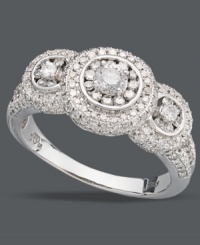 It's necessary to indulge sometimes. This stunning three stone ring features clusters of sparkling, round-cut diamonds (1 ct. t.w.) set in sterling silver. Size 7. It's necessary to indulge sometimes. This stunning three stone ring features clusters of sparkling, round-cut diamonds (1 ct. t.w.) set in sterling silver. Size 7.