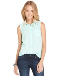 A beaded collar brings urban-luxe style to this sleeveless button-down top -- the perfect addition to your fashion-forward day look! From Ali & Kris. A beaded collar brings urban-luxe style to this sleeveless button-down top -- the perfect addition to your fashion-forward day look! From Ali & Kris.