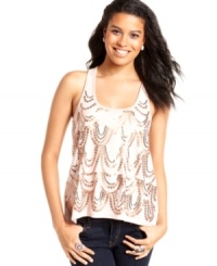 Love this piece from Almost Famous! With its scalloped sequin design and sporty, racerback style, this tank top carries major shimmer power. Love this piece from Almost Famous! With its scalloped sequin design and sporty, racerback style, this tank top carries major shimmer power.