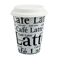 Porcelain travel mugs with rubber lid. Special heat resistant technology around the top of the cup will prevent the porcelain from getting too hot while carrying it. Reads Café Latte all over. Porcelain travel mugs with rubber lid. Special heat resistant technology around the top of the cup will prevent the porcelain from getting too hot while carrying it. Reads Café Latte all over.