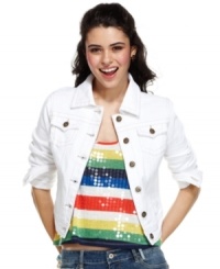 Add neutral balance to your colorful gear with this white wash denim jacket from Jou Jou! Add neutral balance to your colorful gear with this white wash denim jacket from Jou Jou!