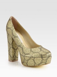 Take your style to new heights with this classic brocade design with a high platform and block heel. Self-covered heel, 5 (125mm)Covered platform, 1½ (40mm)Compares to a 3½ heel (90mm)Silk and lurex blend upperFaux leather lining and solePadded insoleMade in Italy Take your style to new heights with this classic brocade design with a high platform and block heel. Self-covered heel, 5 (125mm)Covered platform, 1½ (40mm)Compares to a 3½ heel (90mm)Silk and lurex blend upperFaux leather lining and solePadded insoleMade in Italy