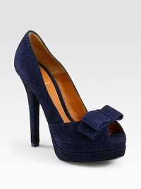 Textured suede peep toe pump topped with an asymmetrical bow adornment. Self-covered heel, 5 (125mm)Covered platform, ½ (15mm)Compares to 4½ heel (115mm)Textured suede upperPeep toeLeather lining and solePadded insoleMade in Italy Textured suede peep toe pump topped with an asymmetrical bow adornment. Self-covered heel, 5 (125mm)Covered platform, ½ (15mm)Compares to 4½ heel (115mm)Textured suede upperPeep toeLeather lining and solePadded insoleMade in Italy