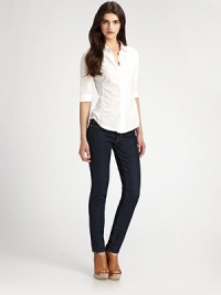 Cotton essential with rolled three-quarter sleeves and a hidden button front. Point collarHidden button frontRolled three-quarter sleevesCottonMachine washMade in USAModel shown is 5'9½ (176cm) wearing US size 4. Cotton essential with rolled three-quarter sleeves and a hidden button front. Point collarHidden button frontRolled three-quarter sleevesCottonMachine washMade in USAModel shown is 5'9½ (176cm) wearing US size 4.
