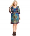 Get spotted this season in One World's three-quarter-sleeve plus size dress, showcasing a mixed print!